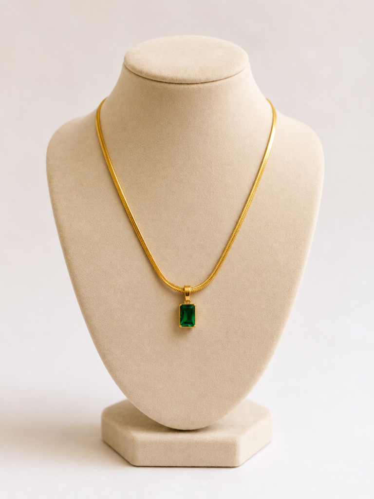 Emerald-Cut Green Stone Snake Chain Necklace