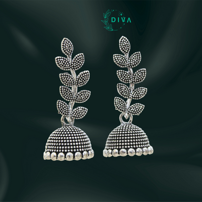 Leaf Trail Oxidised Silver Jhumka Earrings
