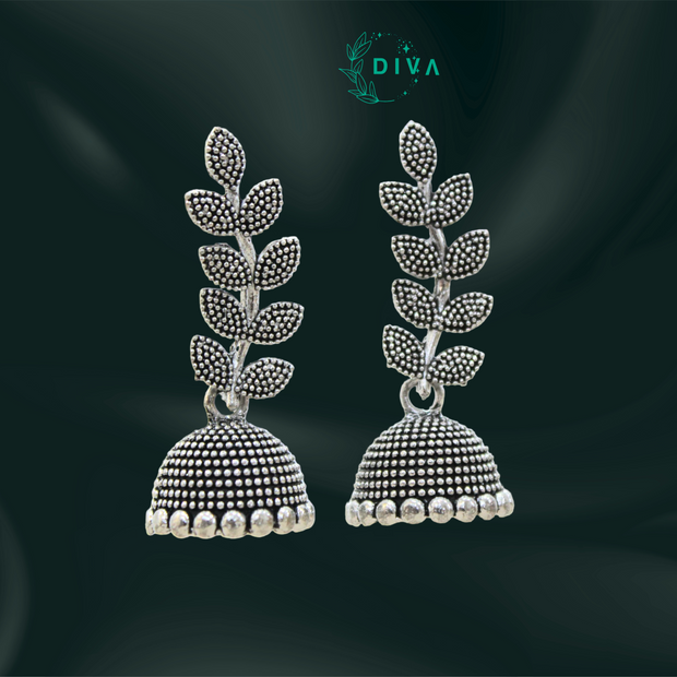 Leaf Trail Oxidised Silver Jhumka Earrings