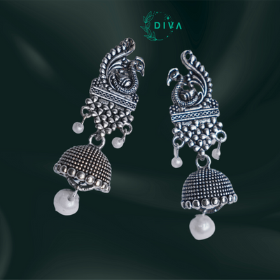 Peacock Charm Oxidised  Jhumka Earrings with Pearl Drop