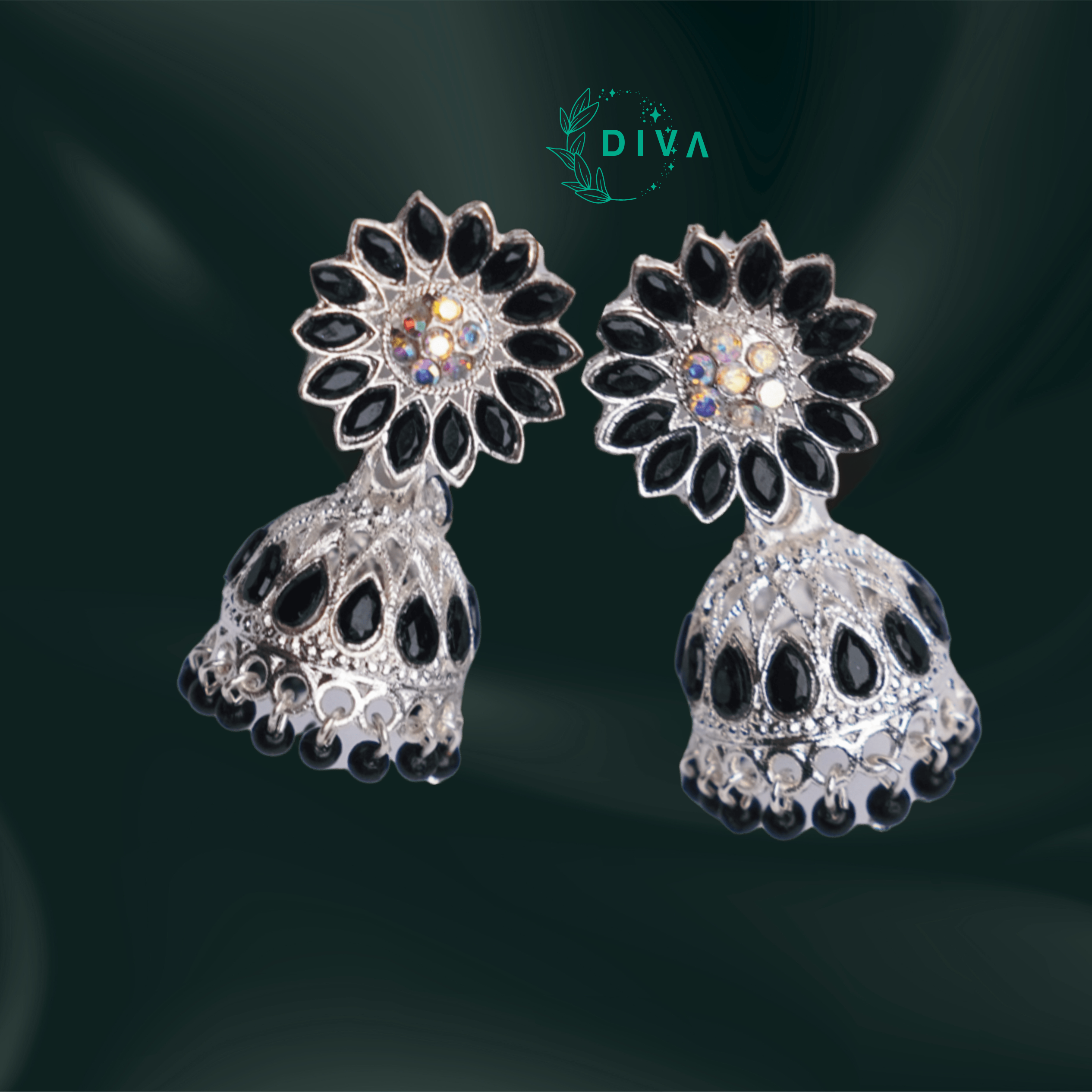 Midnight Bloom Black Stone Jhumka Earrings