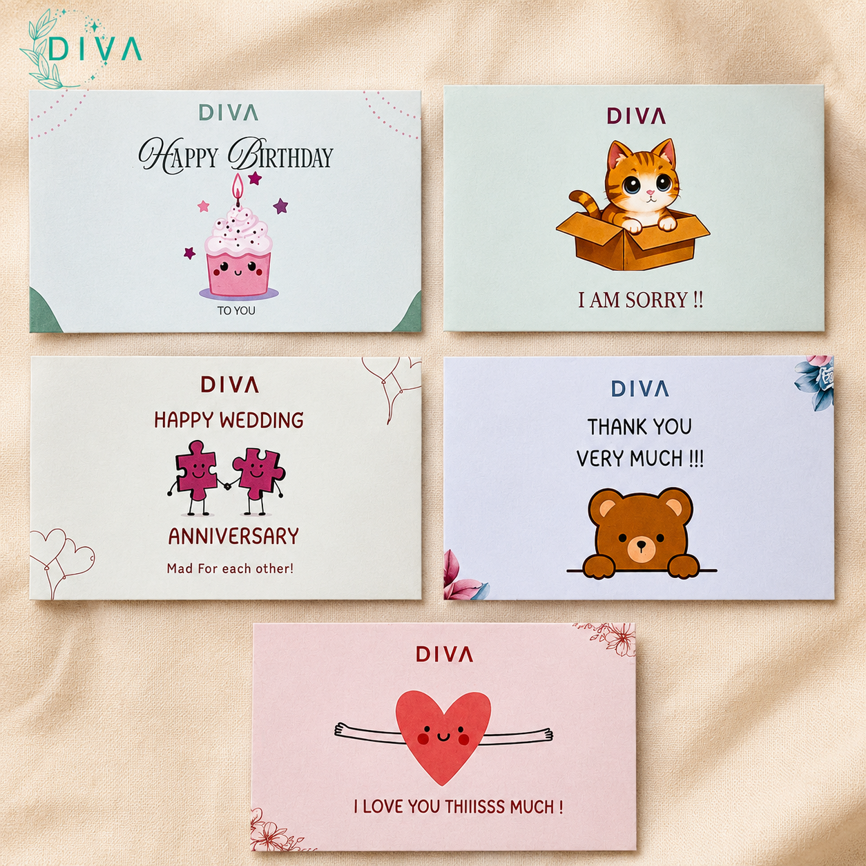Set of greeting cards with cartoon illustrations and text on a beige background, featuring the brand 'DIVA'.