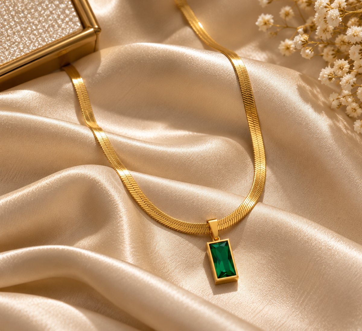 Emerald-Cut Green Stone Snake Chain Necklace