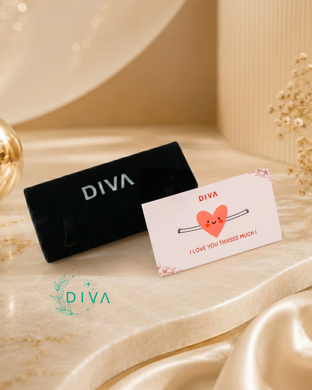 DIVA product with a card and heart design on a marble surface